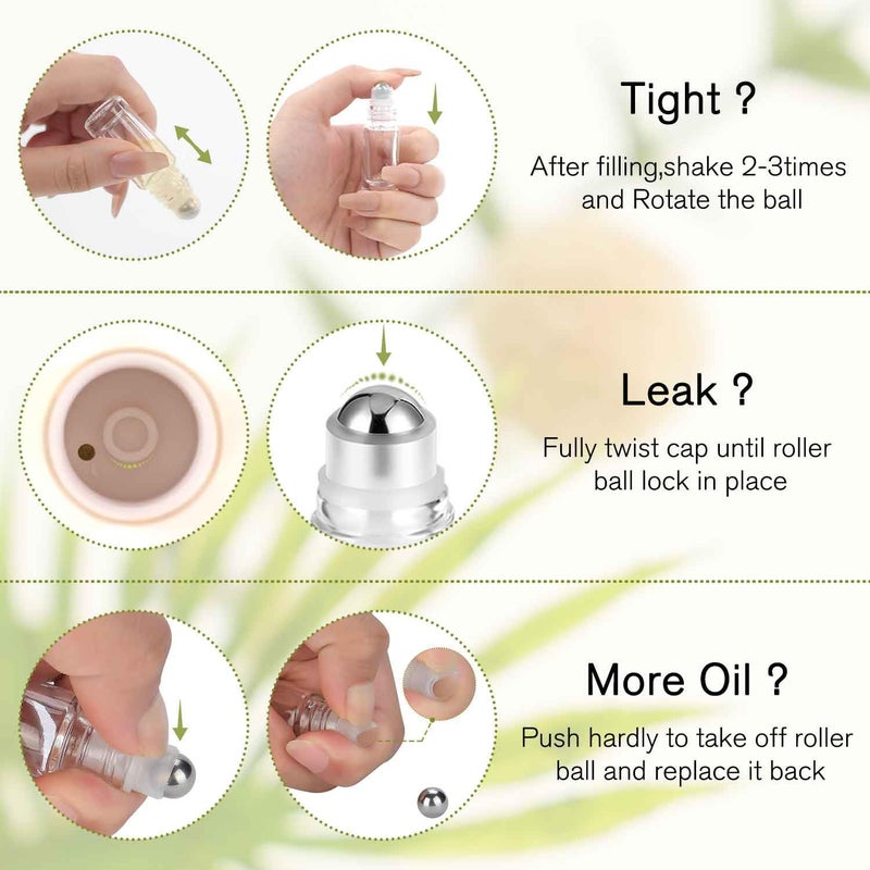 PrettyCare عبوات رولر زيوت عطرية 5 مل - 6 عبوات مع كرة رولر من الفولاذ المقاوم للصدأ - قابلة لإعادة التعبئة وخالية من التسرب من الزجاج السميك الواضح مع أغطية معدنية للسفر، العطر - Image 4